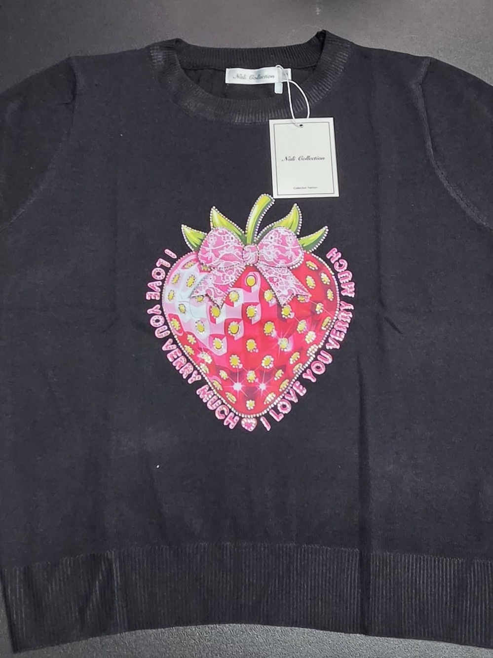 Black Long-Sleeve Dress with Pink Strawberry Heart Graphic